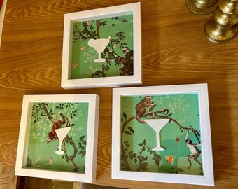 Monkeys Drinking Cocktails Art, Set of 3 White Shadowbox Frames