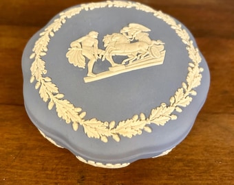Vintage Wedgwood Blue Jasperware Trinket Box | England, Neoclassical Cameo Dish