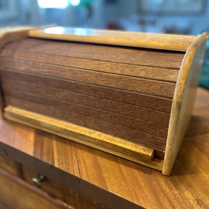 Vintage Roll Top Bread Box Wood | Tambour Style Kitchen Storage | Farmhouse Counter Decor | Rustic Wooden Bread Bin | Cottage Kitchen