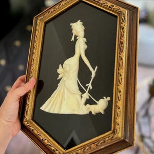 Vintage Victorian Lady Wall Art Raised Relief Cameo Style with Dog Ornate Hexagon Frame – Romantic French-Inspired Décor
