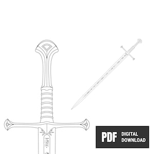 May include: Line drawing of a sword with a detailed hilt and blade. The blade has text along its length. The image also includes the text "PDF DIGITAL DOWNLOAD" in a black rectangle.