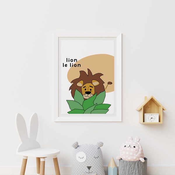 Bilingual children's art poster - Lion / le lion