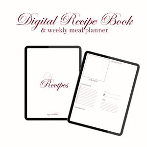 Pode incluir: Dois tablets digitais exibindo um livro de receitas e um planejador semanal de refeições. O primeiro tablet mostra uma página com a palavra "Receitas" em uma fonte decorativa e uma ilustração de chapéu de chef. O segundo tablet exibe um modelo de receita.