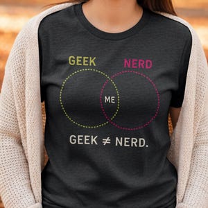 May include: Dark grey t-shirt featuring a Venn diagram with the words "GEEK" and "NERD" in separate circles, and "ME" in the overlap. The text "GEEK ≠ NERD" is below. The person is wearing a cream cardigan.