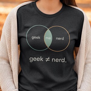 Op de afbeelding: Donkergrijs t-shirt met een Venn-diagram ontwerp. Het diagram toont twee overlappende cirkels met de labels "geek" en "nerd", met het snijpunt gelabeld "me". De tekst "geek ≠ nerd" staat eronder.