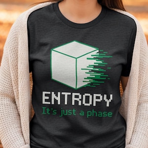Puede incluir: Camiseta gris oscuro con un diseño gráfico de cubo blanco con detalles en verde en un estilo pixelado. La palabra "ENTROPY" está en blanco, con "It's just a phase" en verde debajo. La camiseta la lleva una persona.