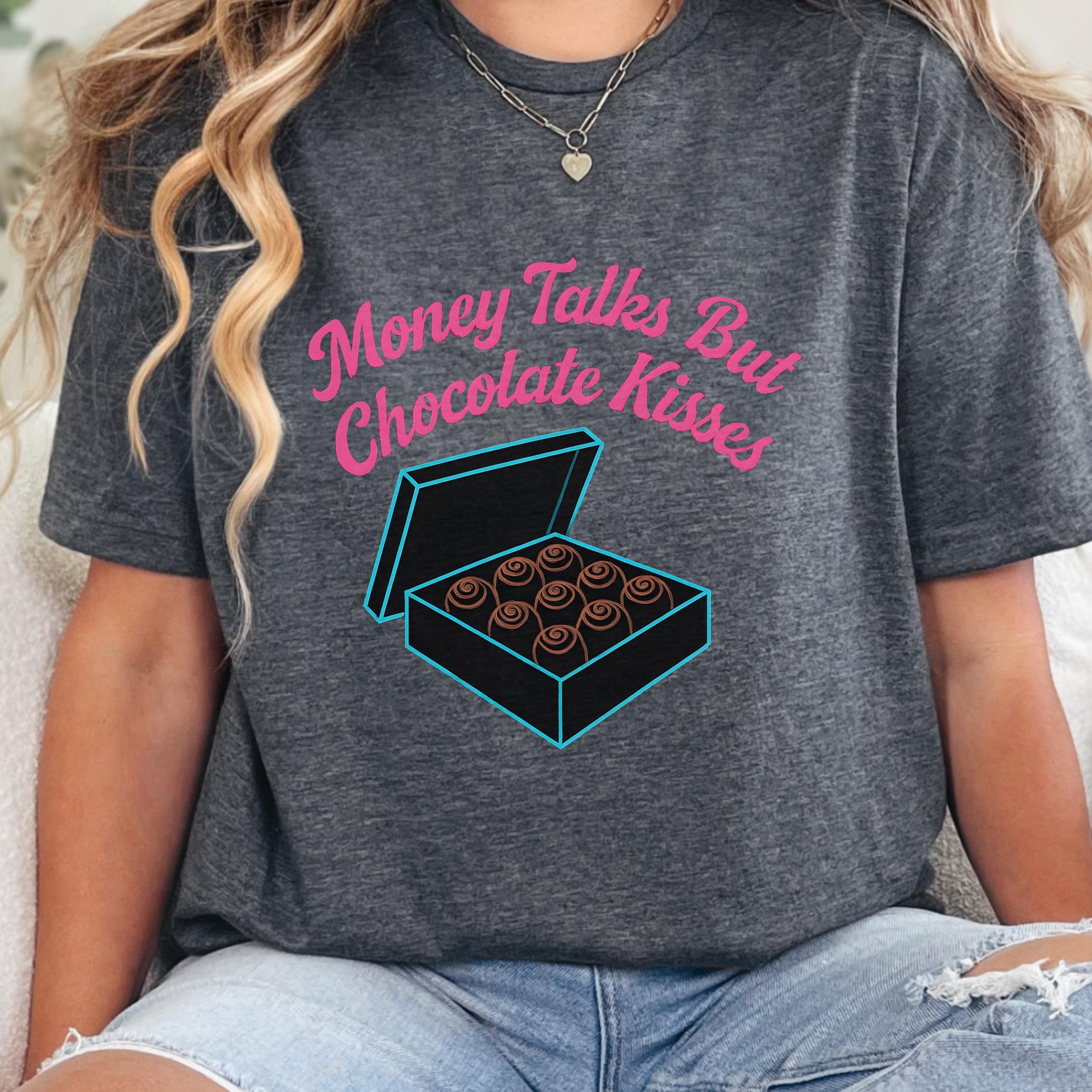 Retro Neon Pop Art Chocolate Kisses Pun T-shirt: Money Talks but