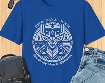 Monochrome Deer Totem T-Shirt for May 21 - Jun 20 Birthdays | Sensitivity Grace Alertness Native Spirit Animal Zodiac Tee Unisex Gift