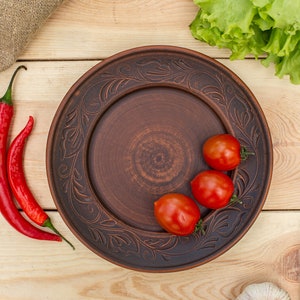 Pasta clay plate, Ramen Bowl, Red Clay Plate, Dinner plate ceramic, Gift for mother, Pottery plates for pizza, pasta round plate for dinner