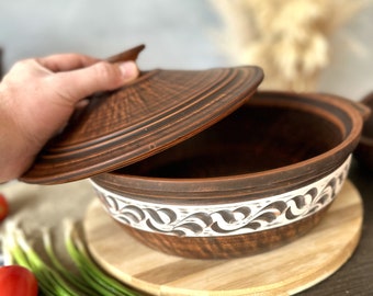 Olla de arcilla sin esmaltar para servir con tapa, cocina de platos para hornear hecha a mano, cerámica orgánica, horno holandés de arcilla, comal de tierra, olla de curry, olla de arcilla