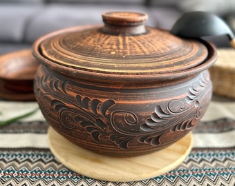 Olla de barro sin esmaltar para cocinar con tapa, olla para cocinar y servir con tapa, olla de barro de terracota, olla de barro para guisos