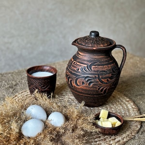 Handmade ceramic pitcher wine lover gift stoneware engraved pitcher earthenware clay pot for water jug with handle unglazed pottery