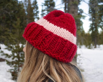 Single Thick Stripe Chunky Beanie | Hand Knit | Handmade with Wool & Acrylic Blend Yarn | Soft, Cozy