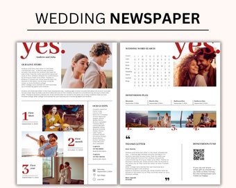 Newspaper Wedding Program Template, Editable Wedding Newspaper Program, Canva Wedding Template, Folded Wedding Day Program, Crossword