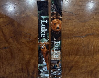 Custom Monogram Pacifier Clip for Baby Boy | Bear or Deer Camouflage Trees with Name Embroidered