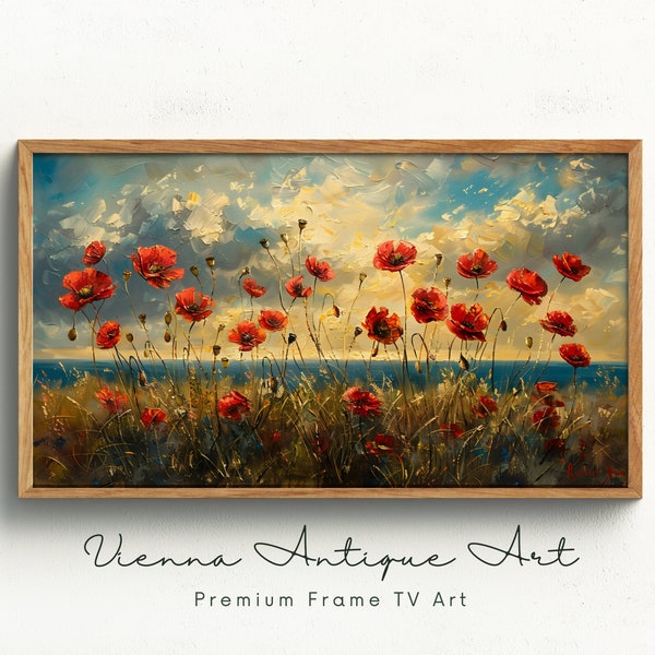 Red Poppies Field Wall Art, Impressionist Landscape Digital Download, Samsung Frame TV Art, Textured Oil Painting Printable, Rustic Decor