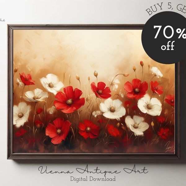 Red and White Poppy Flower Wall Art, Floral Home Decor, Printable Nature Scene, Large Format Digital Print