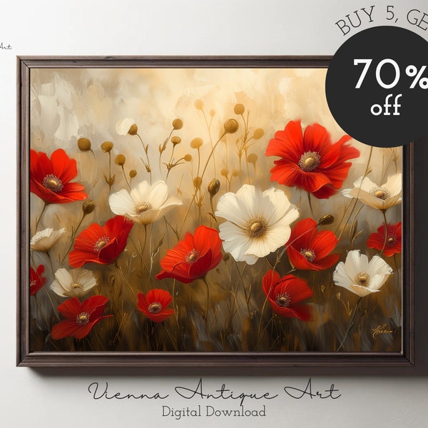 Red and White Floral Wall Art, Printable Poppy Flowers Decor, Modern Botanical Digital Download, Nature Inspired Living Room Artwork