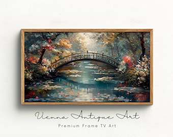 Scenic Bridge Digital Art for Samsung Frame TV, Tranquil River Landscape, Impressionist Nature Wall Art, Peaceful Waterfall Decor