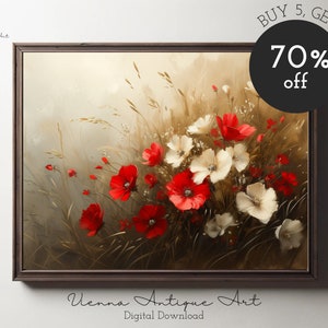 Botanical Wall Art, Red Poppies Field, Floral Landscape, Printable Wall Decor, 6 Sizes, Nature, Home Decoration, Warm Tones, Digital Download