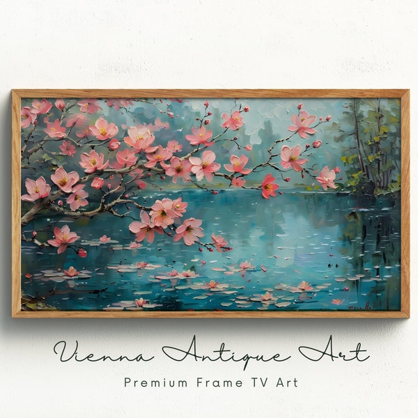 Samsung Frame TV Compatible Art, Cherry Blossom Painting, Digital Download, Spring Landscape, Pink Flowers Wall Decor, Tranquil Nature Scene