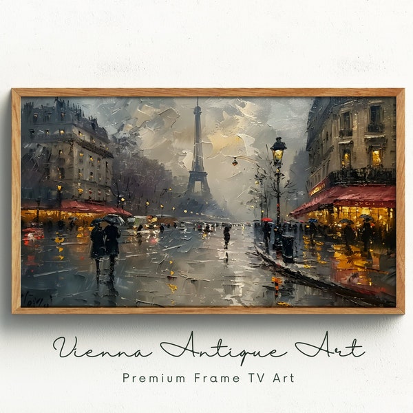 Paris Street Scene Samsung Frame TV Art, Impressionist Eiffel Tower Painting, Digital Download Rainy Day Cityscape Wall Decor