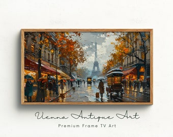 Paris Street Scene Painting, Autumn Rain Wall Art, Samsung Frame TV Art, Digital Download, Eiffel Tower, Home Decor, Vibrant Cityscape