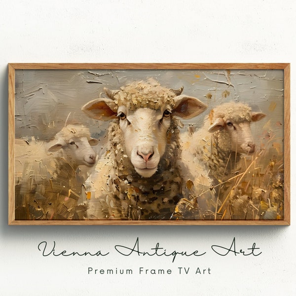 Sheep Oil Painting Digital Frame TV Art, Rustic Farmhouse Decor, Instant Download, Animal Wall Art, Textured Landscape, Country Style