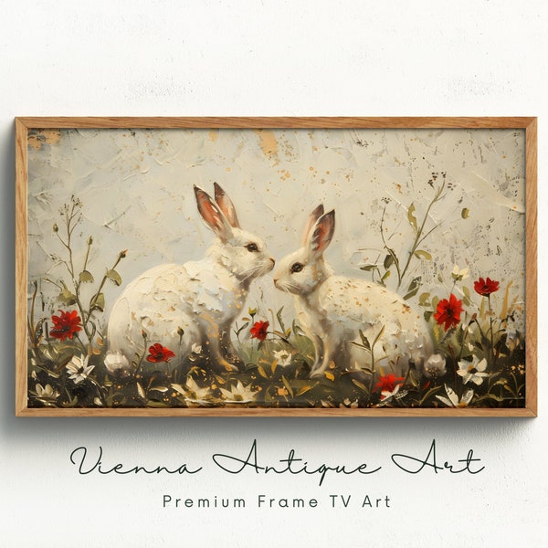 Vintage Rabbit Oil Painting, Floral Wildlife Wall Art, Samsung Frame TV, Instant Download Decor