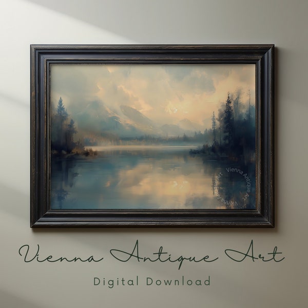 Misty Mountain Sunrise Landscape, Serene Lake Wall Art, Digital Download Home Decor