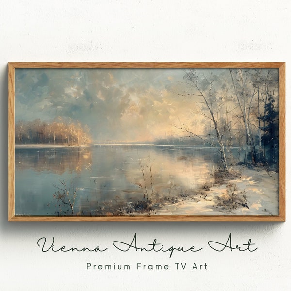 Scenic Winter Landscape Painting, Digital Art for Samsung Frame TV, Tranquil Nature Downloadable Wall Art, Serene Lake Sunset Decor