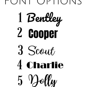 May include: A list of five font options for a name, numbered 1 through 5. The options are: Bentley, Cooper, Scout, Charlie, and Dolly.
