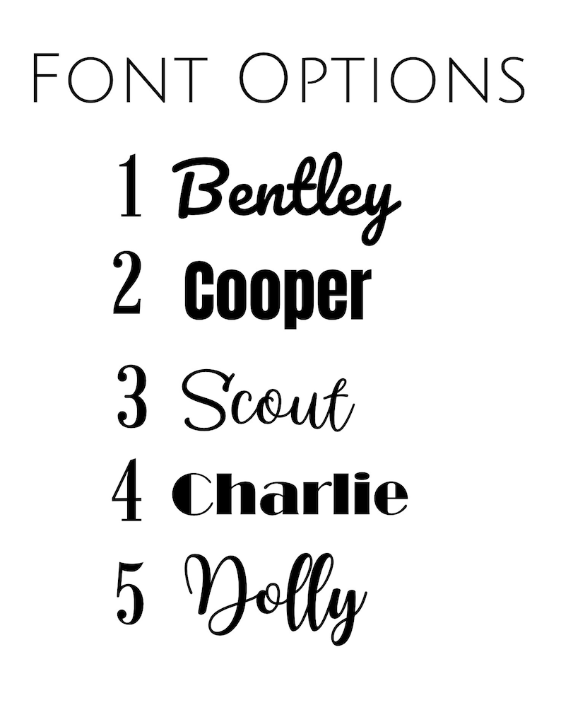 May include: A list of five font options for a name, numbered 1 through 5. The options are: Bentley, Cooper, Scout, Charlie, and Dolly.