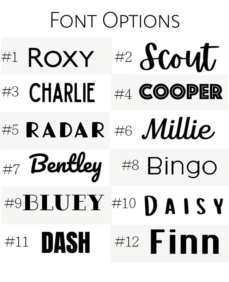 May include: A chart with 12 different font styles for names. Each font style is numbered and has a name written in the style. The names are Roxy, Scout, Charlie, Cooper, Radar, Millie, Bentley, Bingo, Bluey, Daisy, Dash, and Finn.