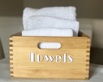Towel Storage Bins With Custom Label Organization and Storage Container Personalized Wooden Box Personalized Storage Tote Storage Container