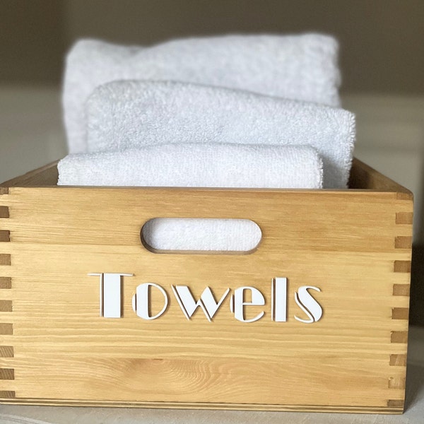 Towel Storage Bins With Custom Label Organization and Storage Container Personalized Wooden Box Personalized Storage Tote Storage Container