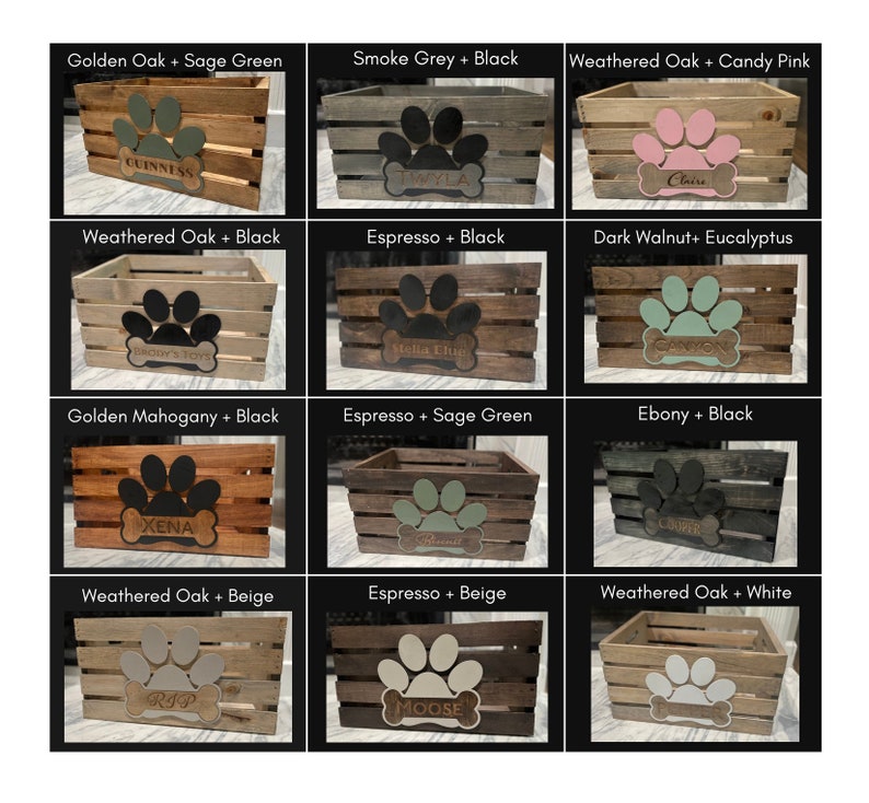 May include: Twelve wooden dog crates with different paint colors and paw print designs. Each crate has a name tag with a dog's name on it. The crates are arranged in a grid of four rows and three columns.