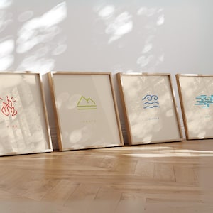 May include: Four framed prints with minimalist line drawings of the four elements: fire, earth, water, and air. Each print has a beige background and the element name is written below the drawing in black text.