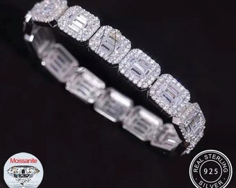 S925 Sterling Silver Baguette Moissanite Square Bracelet, Diamond Bracelet, Iced OUT Bracelet Hip Hop Luxury Gift for Men , Women Gift