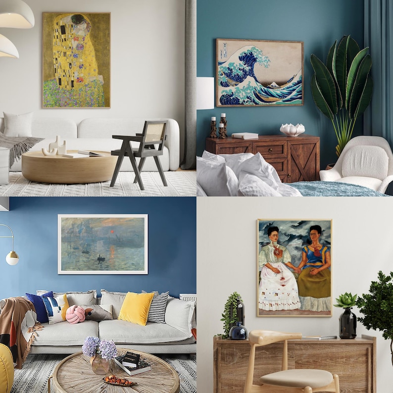 May include: Four framed art prints displayed in a home setting. The artworks include a Klimt painting, a Japanese wave print, a Monet painting, and a portrait of Frida Kahlo. The art is displayed above furniture in a living room and bedroom.