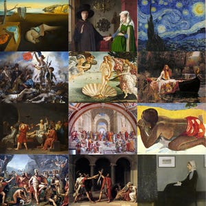 May include: A grid of nine famous paintings. The artworks include surrealist, Renaissance, and Post-Impressionist styles. Notable pieces feature melting clocks, figures in historical attire, and scenes of battles and mythology. The color palettes vary from vibrant to muted.