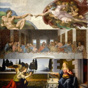 May include: A triptych featuring three iconic Renaissance paintings. The top panel depicts Michelangelo's "The Creation of Adam," the middle panel shows Leonardo da Vinci's "The Last Supper," and the bottom panel features an Annunciation scene.