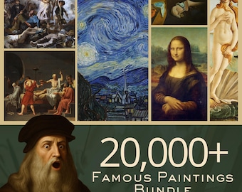 May include: A collection of famous paintings, including "The Starry Night" and the Mona Lisa, is displayed. The image also features a portrait of Leonardo da Vinci and the text "20,000+ Famous Paintings Bundle, Updated 2025 Version."