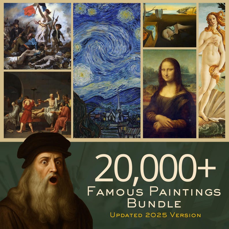 May include: A collection of famous paintings, including "The Starry Night" and the Mona Lisa, is displayed. The image also features a portrait of Leonardo da Vinci and the text "20,000+ Famous Paintings Bundle, Updated 2025 Version."