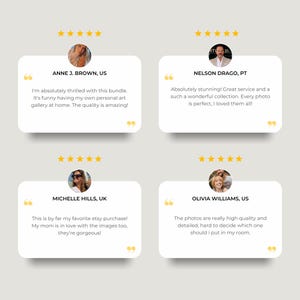 May include: A graphic featuring four customer testimonials with headshots and star ratings. Each testimonial is in a white speech bubble with a quote and the customer's name and location. The background is a light beige color.