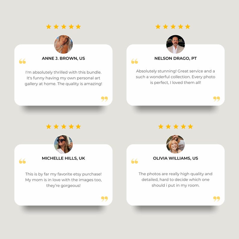 May include: A graphic featuring four customer testimonials with headshots and star ratings. Each testimonial is in a white speech bubble with a quote and the customer's name and location. The background is a light beige color.