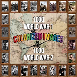 Peut inclure: Une collection numérique comprenant 1000 images colorisées de la Première Guerre mondiale et 1000 de la Seconde Guerre mondiale, sur un fond de carte du monde vintage avec un avion central et une bordure de petites photos historiques.