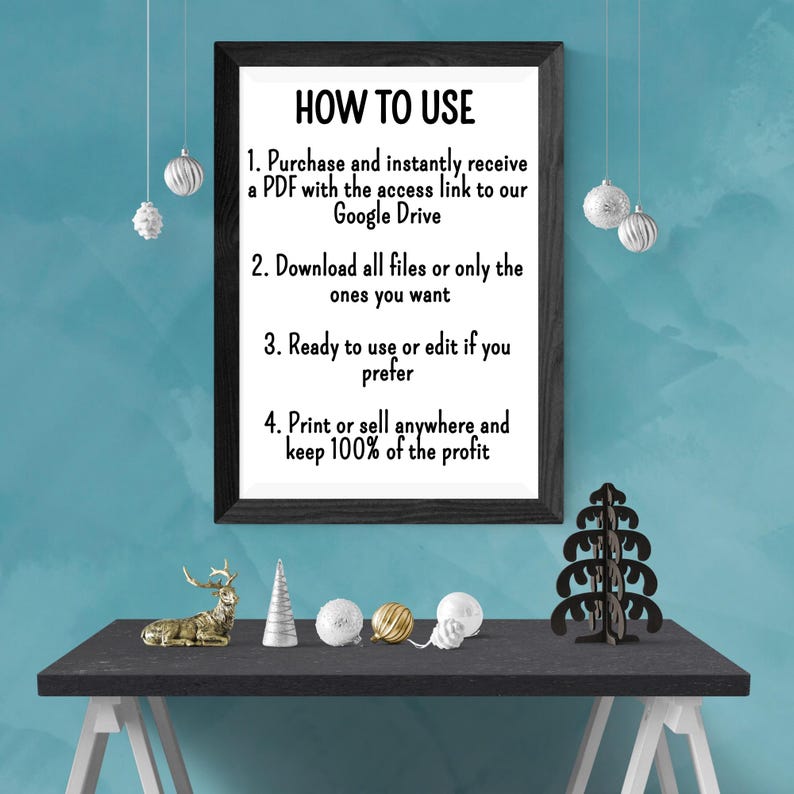 May include: A framed print with the text "HOW TO USE" and instructions for downloading and using files. The frame is black, and the text is in a clean, readable font. Decorative ornaments and a small table with holiday decorations are in the foreground.