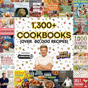 Puede incluir: Una colección digital de más de 1.300 libros de cocina con más de 80.000 recetas, que presenta una imagen central de un chef con los brazos cruzados, rodeado de varias portadas de libros de cocina, incluyendo recetas de freidora.