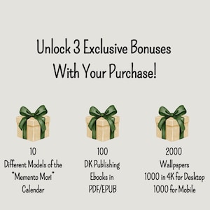 May include: An advertisement with the text "Unlock 3 Exclusive Bonuses With Your Purchase!" Three gift boxes are shown, each with a green bow. The bonuses include 10 calendar models, 100 ebooks, and 2000 wallpapers.